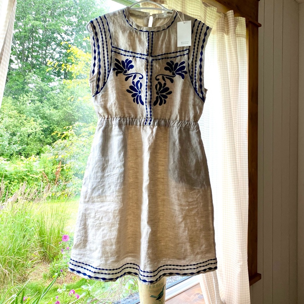 MELISSA NEPTON Beige Linen Dress with Navy Embroidery